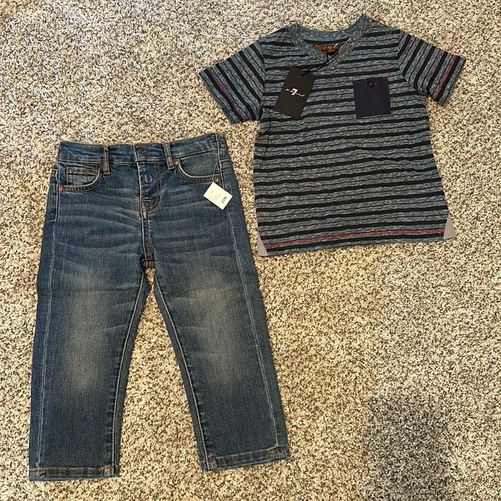 Seven for all mankind 2 piece 24 month jean/shirt set - blue Jean & strip shirt